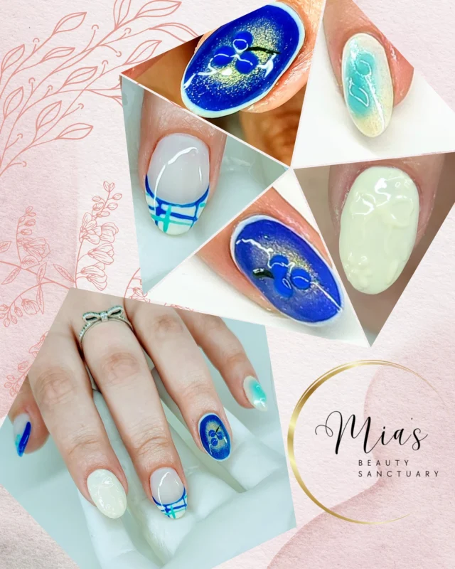 Blueberries but make it fashion! 💙✨
This set was so much fun to paint—from cool, airy gradients to crisp blue lines, flowers and bows, and of course the star of the show: that juicy blueberry accent nail 🫐 💅 The deep blue polish with a touch of shimmer gives it a dreamy glow, and those tiny blueberries are just the cutest little surprise. I love how the whole set feels both fresh and playful, perfect for spring and summer vibes.

Which nail catches your eye first? I can't stop looking at that blueberry beauty! 💙🫐💫